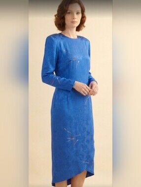 100% Silk Jacquard Nicole Miller Minimalist Dress / Sz S / Electric Blue